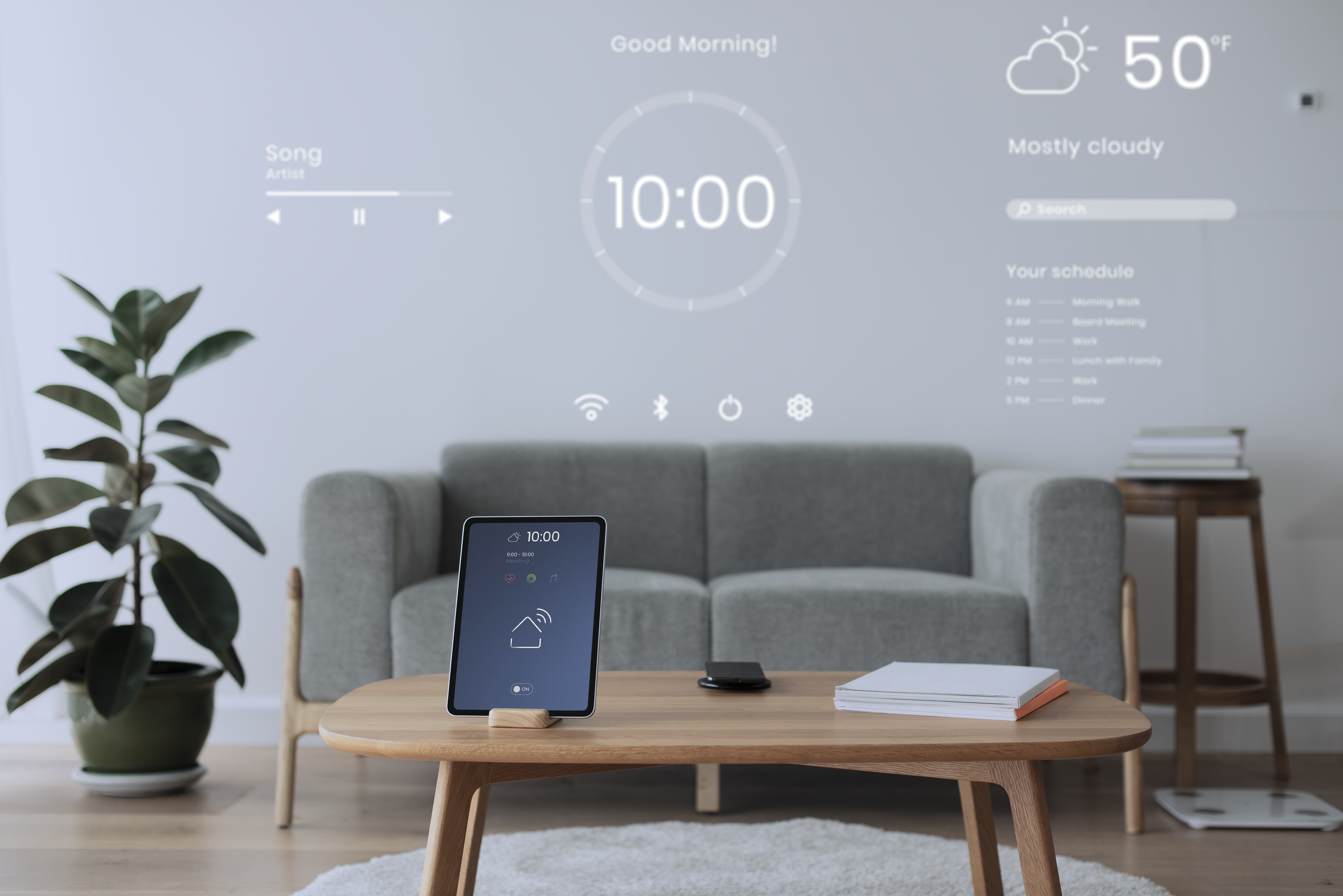 Tablette de pilotage smart home dans un salon